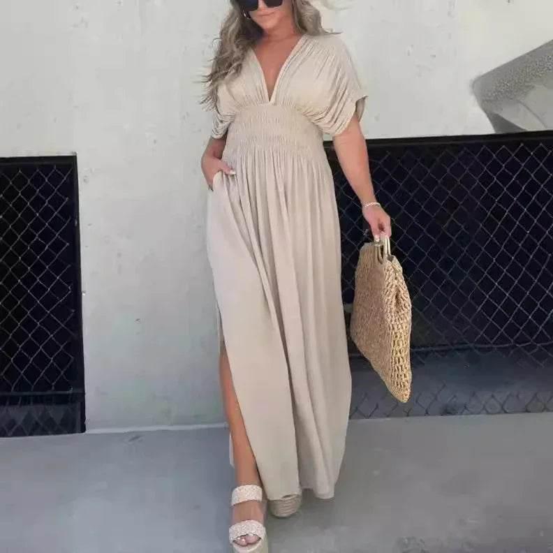 V-Neck Bat Sleeve Slit Dress – Summer Long Dress - ZA-Zola