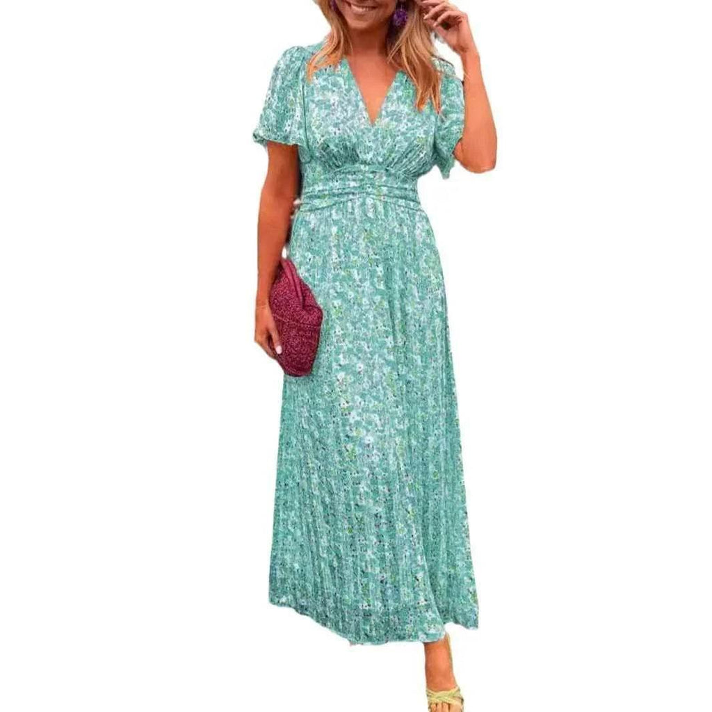 Floral V-Neck Waist Dress – Flowy & Feminine Fit - ZA-Zola