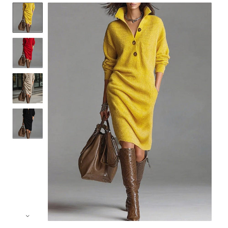 Woman wearing a yellow dress and brown knee-high boots holding a brown handbag on a gray background.