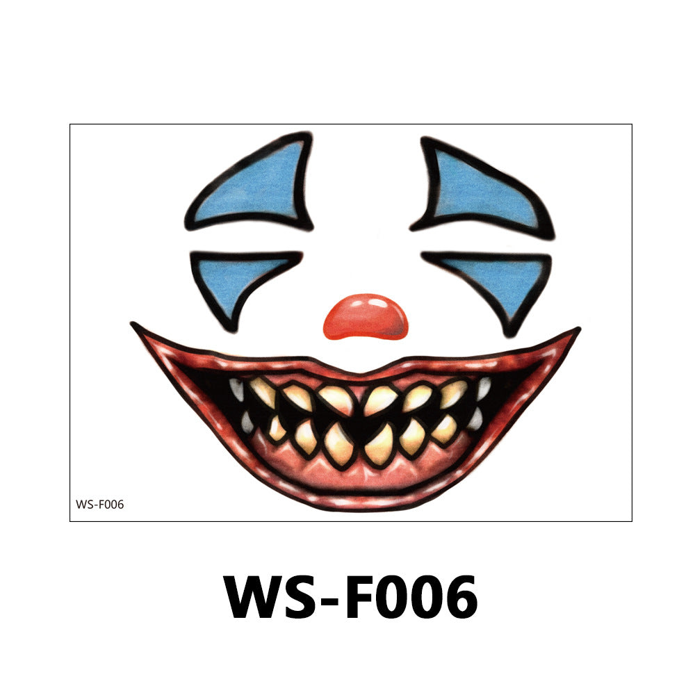 A novelty horror clown face mask template or sticker design on a white background, featuring blue triangular eyes, a red nose, and a wide open grin showing yellowed teeth. The text 'WS-F006' appears below the mask.