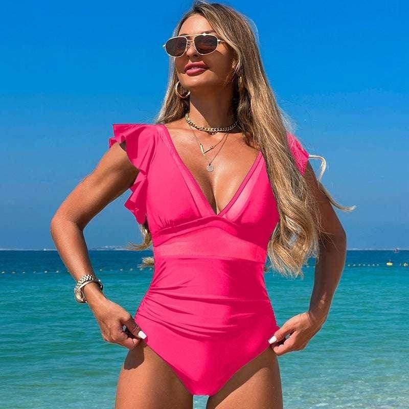 Black Ruffled Sleeve V-Neck Swimsuit | ZA-Zola - ZA-Zola