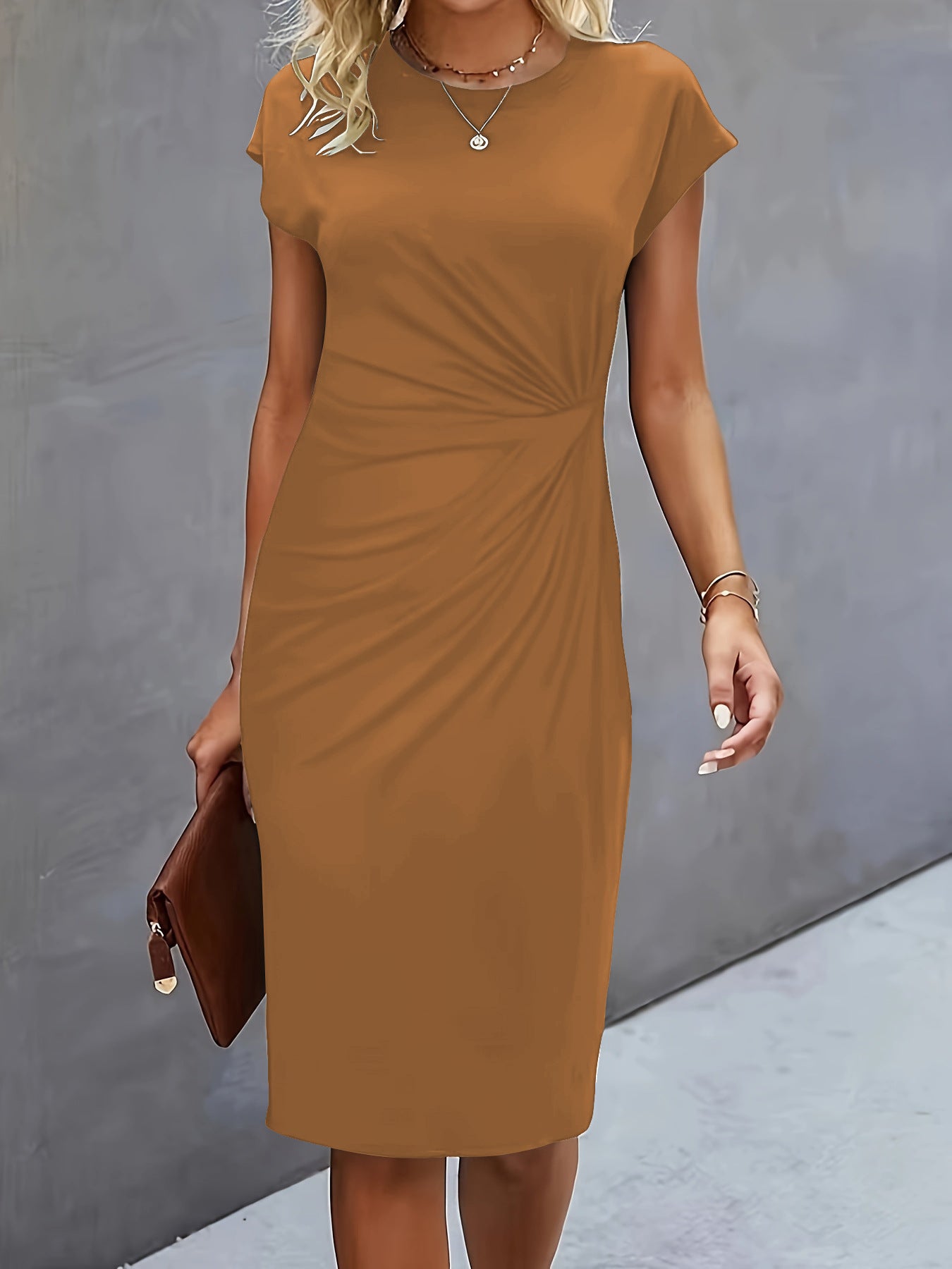 Women's Casual Front Knot Round Neck Midi Bodycon Dress