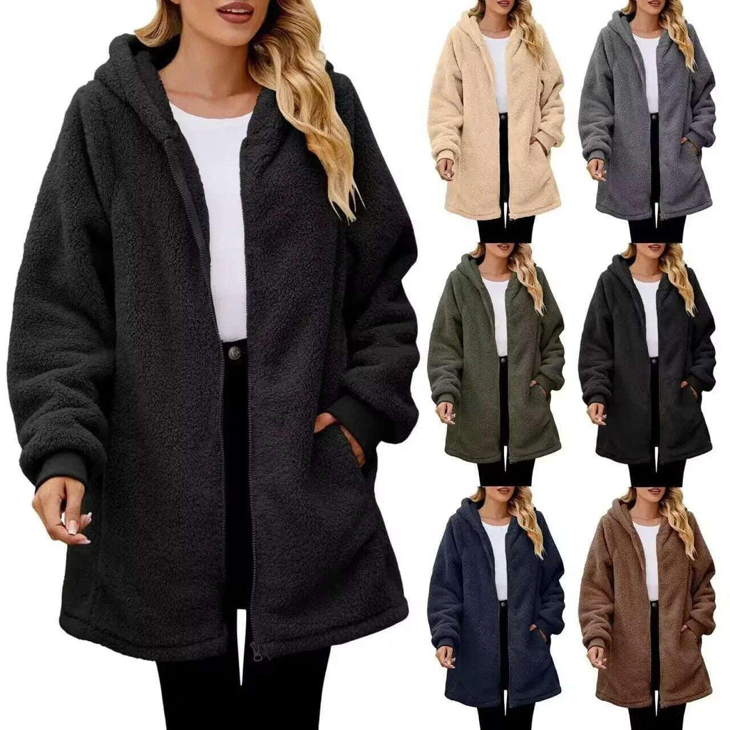 Women’s Plush Zip Hoodie Coat – Loose Long Sleeve Jacket - ZA-Zola