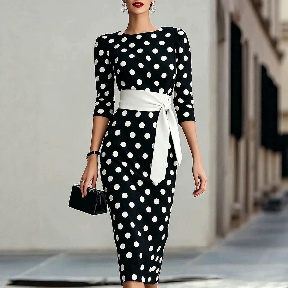 Woman wearing a black polka dot dress with a white belt on a blurred street background