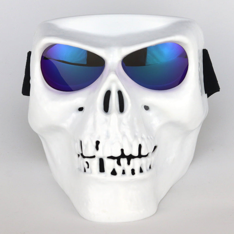 White skull mask with blue reflective lenses on a gray background