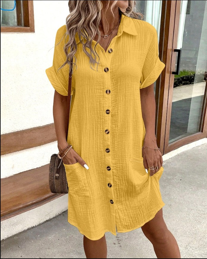 Summer Short Sleeve Shirt Dress Women Solid Color Mid-Length Loose Fit Dress
