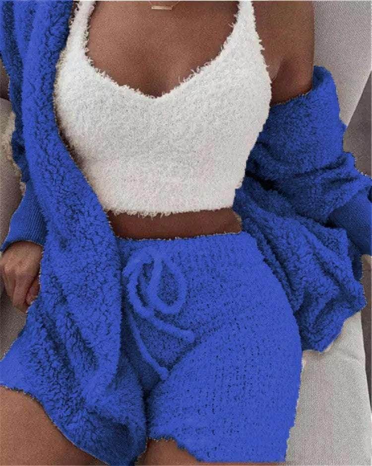 Woman in cozy blue loungewear set and white fuzzy crop top, ZA-Zola trendy fashion UK