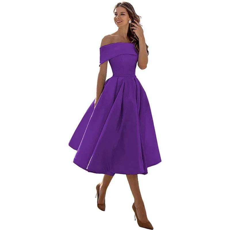 Off-Shoulder Satin Tea-Length Party Dress - ZA-Zola