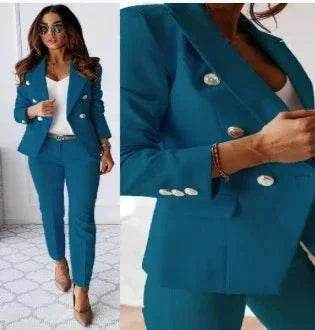 Woman wearing teal double-breasted blazer and pants set, ZA-Zola chic fashion style