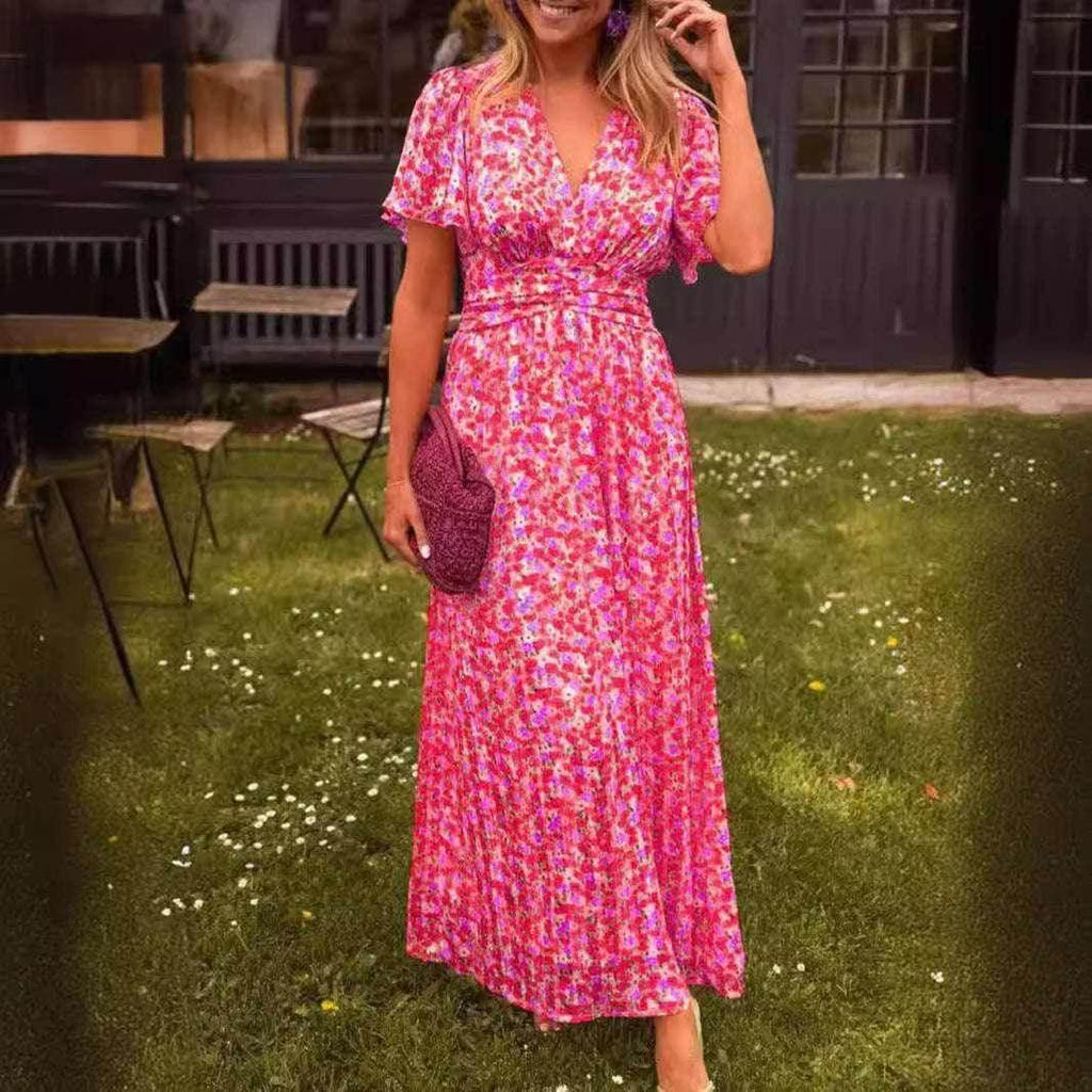 Floral V-Neck Waist Dress – Flowy & Feminine Fit - ZA-Zola