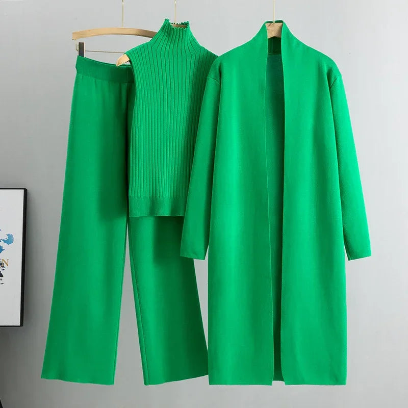 Women Knitted Three Piece Set – Stylish Vest, Cardigan & Pants Outfit - ZA-Zola