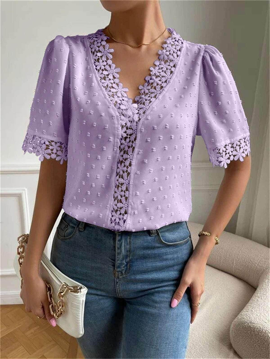 Floral Lace V-Neck Puff Sleeve Summer Top Women - ZA-Zola