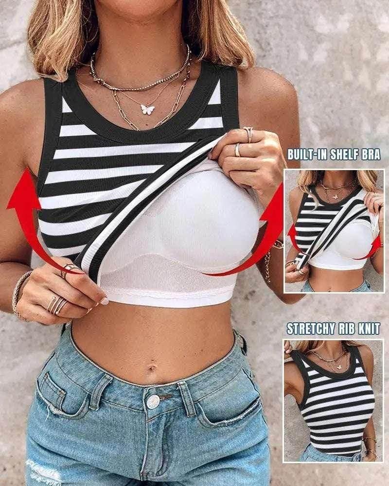 Slim Striped Cotton Vest with Built-in Bralette - ZA-Zola