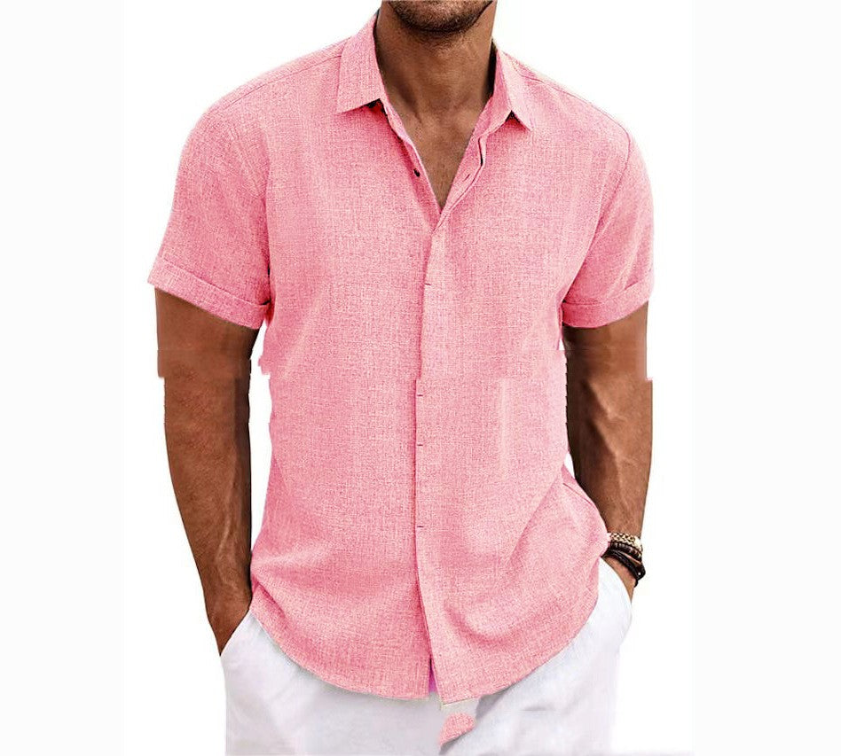 Man wearing a pink short-sleeve shirt on a white background