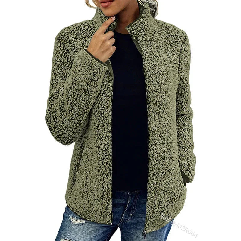 Women Bubble Velvet Sweatshirt – Warm Zipper Stand Collar Top - ZA-Zola