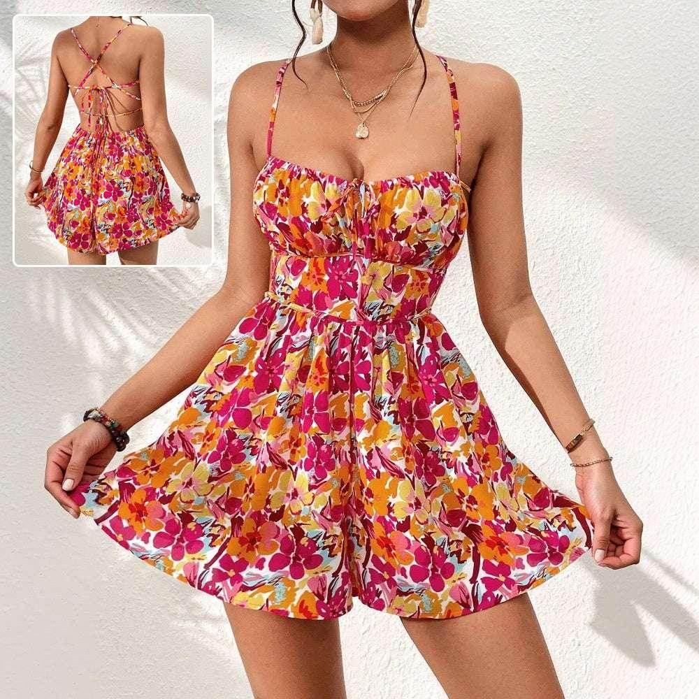 Women's Floral Print Lace-Up Back Dress – Summer Holiday Style - ZA-Zola