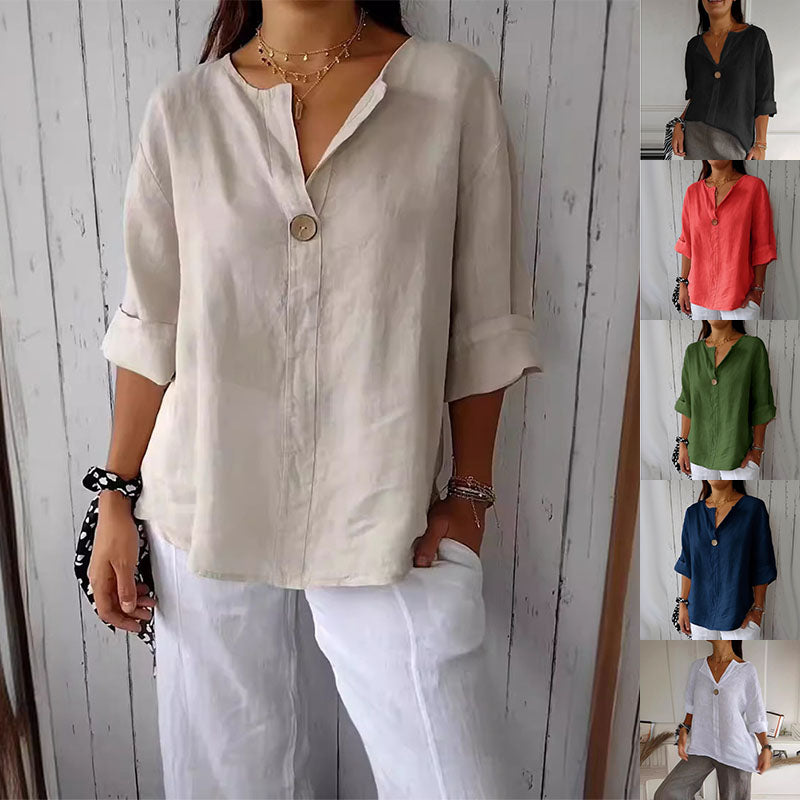V-Neck Long Sleeve Cotton Linen Button Top Women