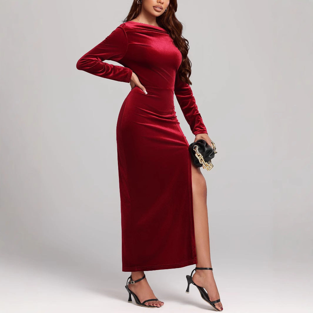 Women’s Formal Dress | Red Velvet Slit Long Sleeve Maxi Dress