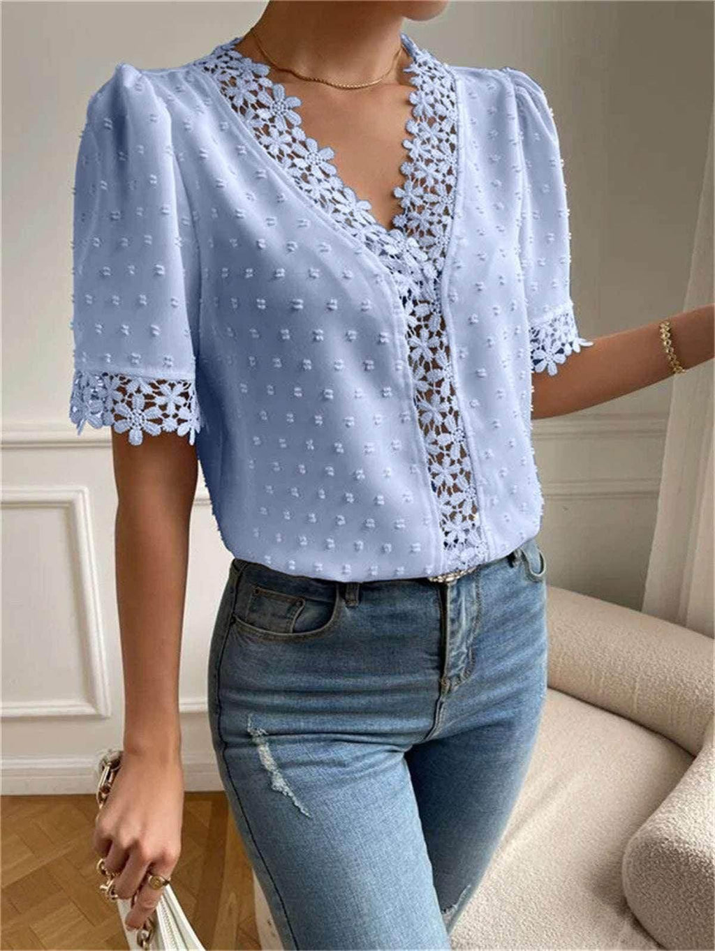 Floral Lace V-Neck Puff Sleeve Summer Top Women - ZA-Zola