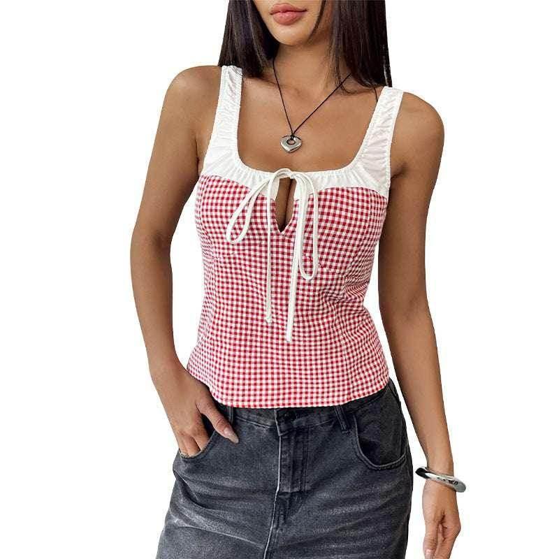 Plaid Lace Stitching Vest – Casual Red Sleeveless - ZA-Zola
