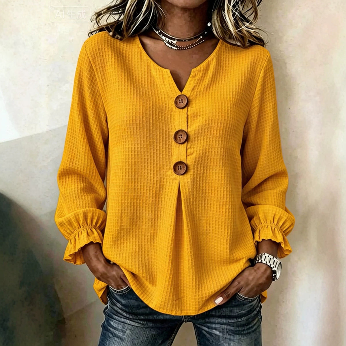 A woman wearing a mustard yellow waffle-knit long-sleeve blouse with a split neckline, three brown buttons, and ruffled cuffs, paired with dark blue jeans.