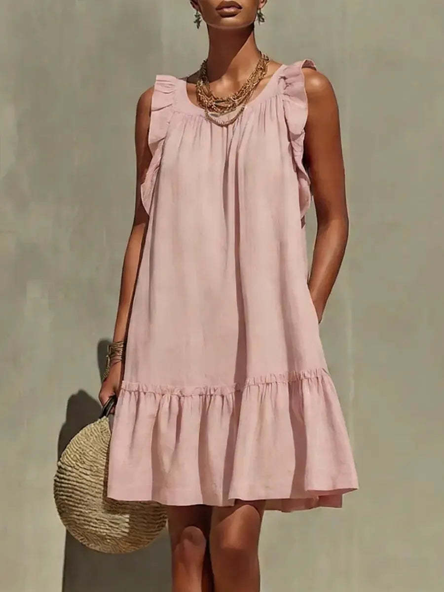 Casual Loose Round Neck Sleeveless Ruffle Trim Dress – Stylish A-Line Women's Fashion