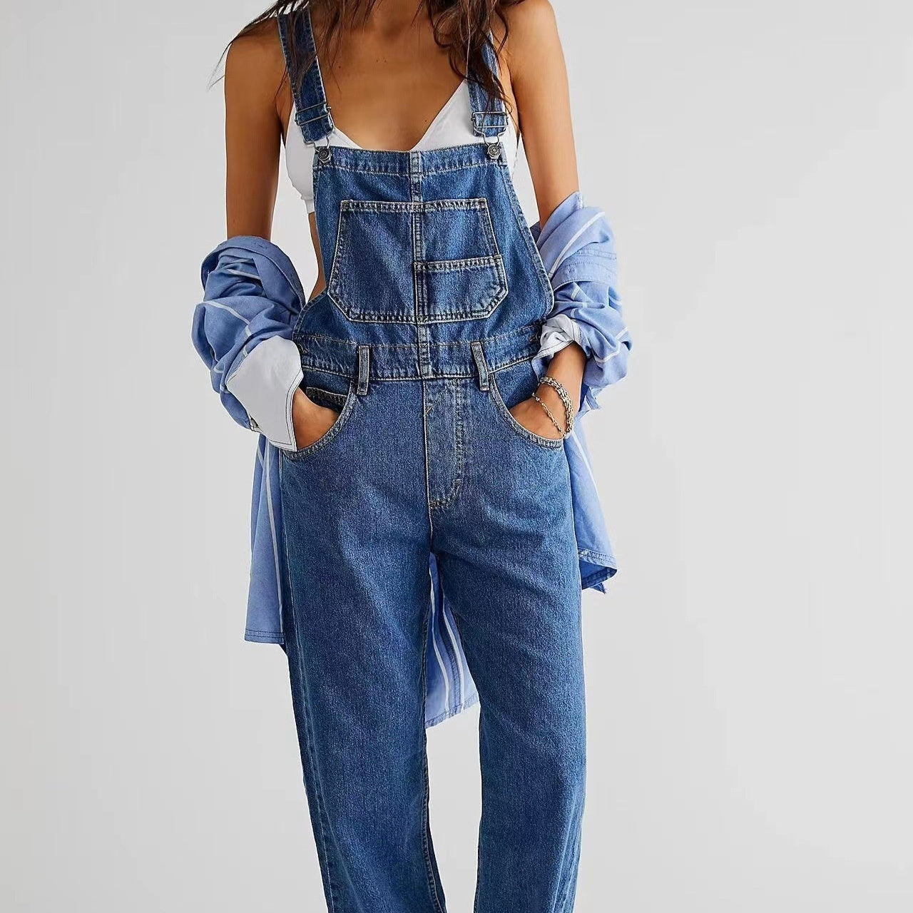 Person wearing blue denim overalls with a plain background