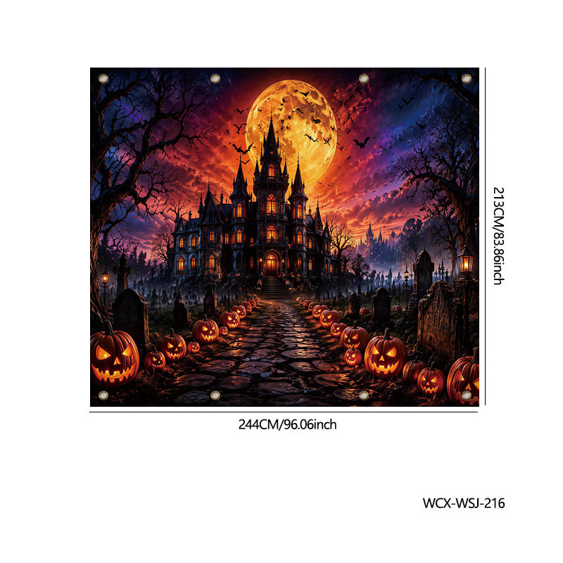 A square Halloween-themed wall art print showing a haunted gothic castle at night, with a large glowing full moon, bats, tombstones, and jack-o'-lanterns lining a cobblestone path. The artwork is presented on a white background with printed dimensions (244CM/96.