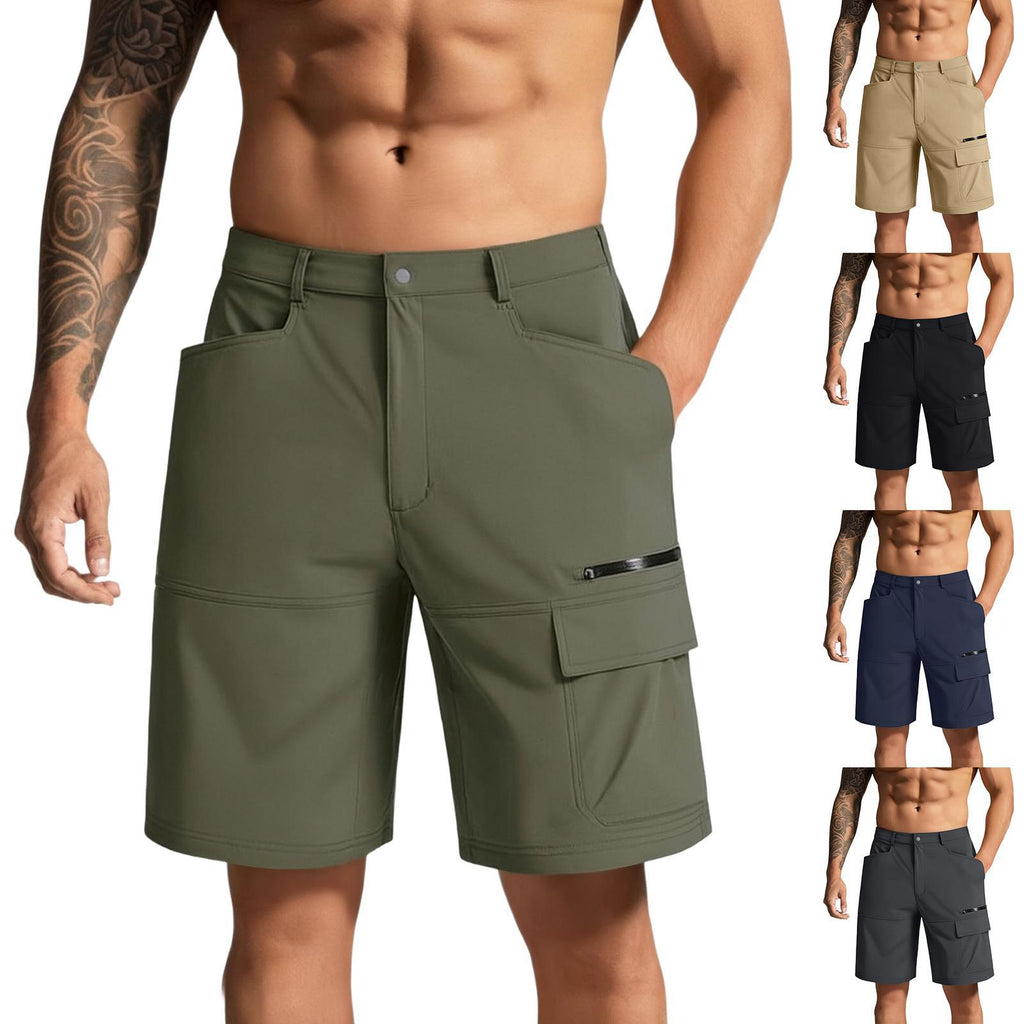 Man wearing olive green cargo shorts with additional color options displayed below.