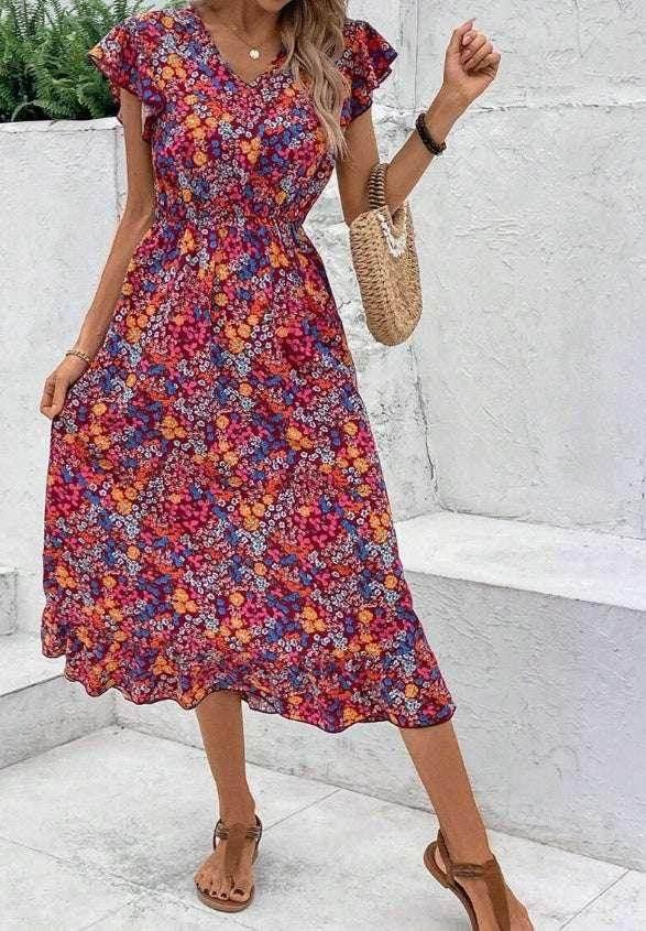 Floral V-Neck Dress – Printed Summer Elegance - ZA-Zola