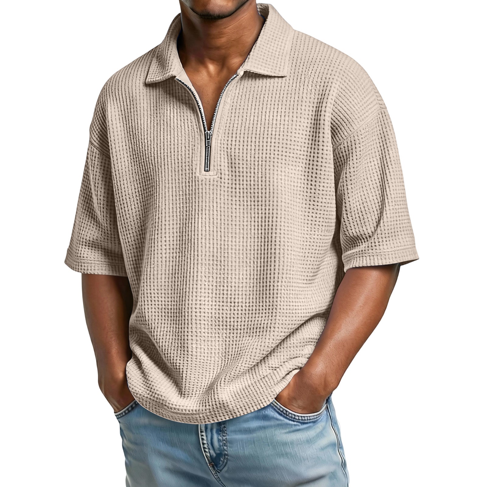 Man wearing a beige short-sleeve waffle knit shirt with a zipper on a white background