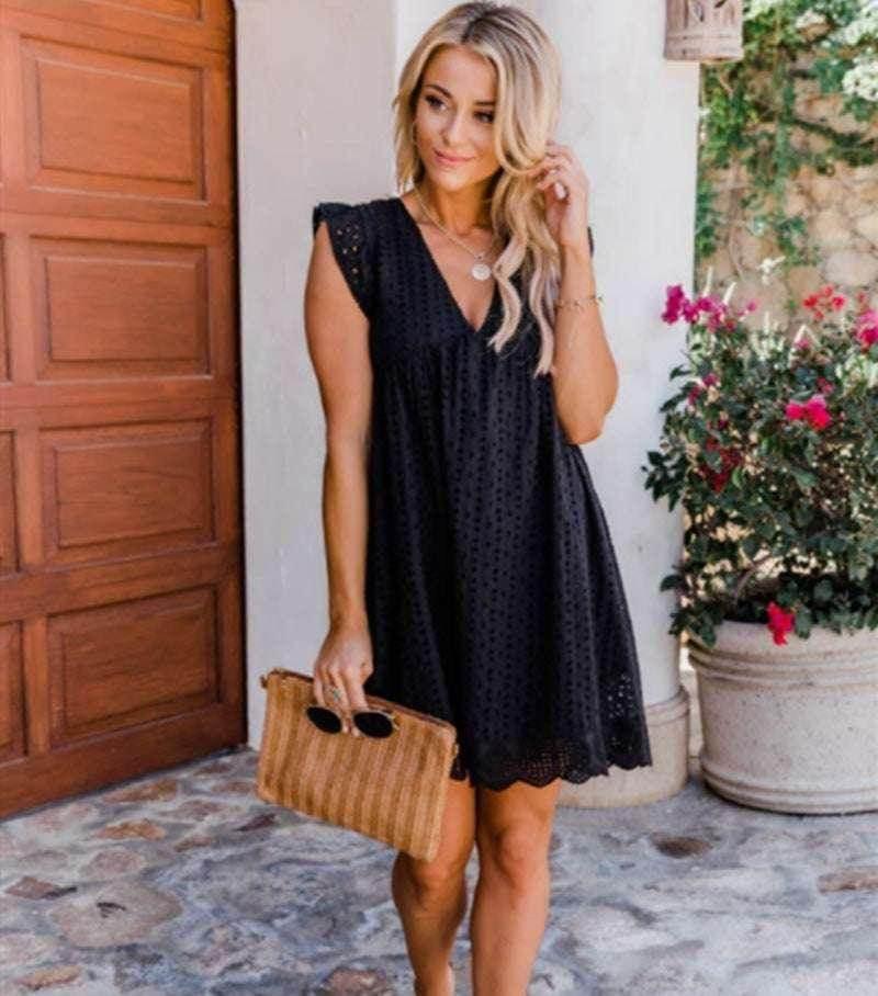 Lace Dresses With Pocket – Summer Sleeveless Jacquard V-Neck Beach Dress - ZA-Zola