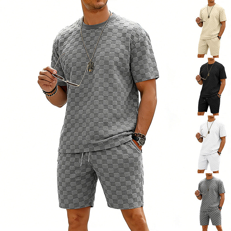 Man wearing a gray checkered outfit with sunglasses, surrounded by smaller images of the same outfit in different colors.
