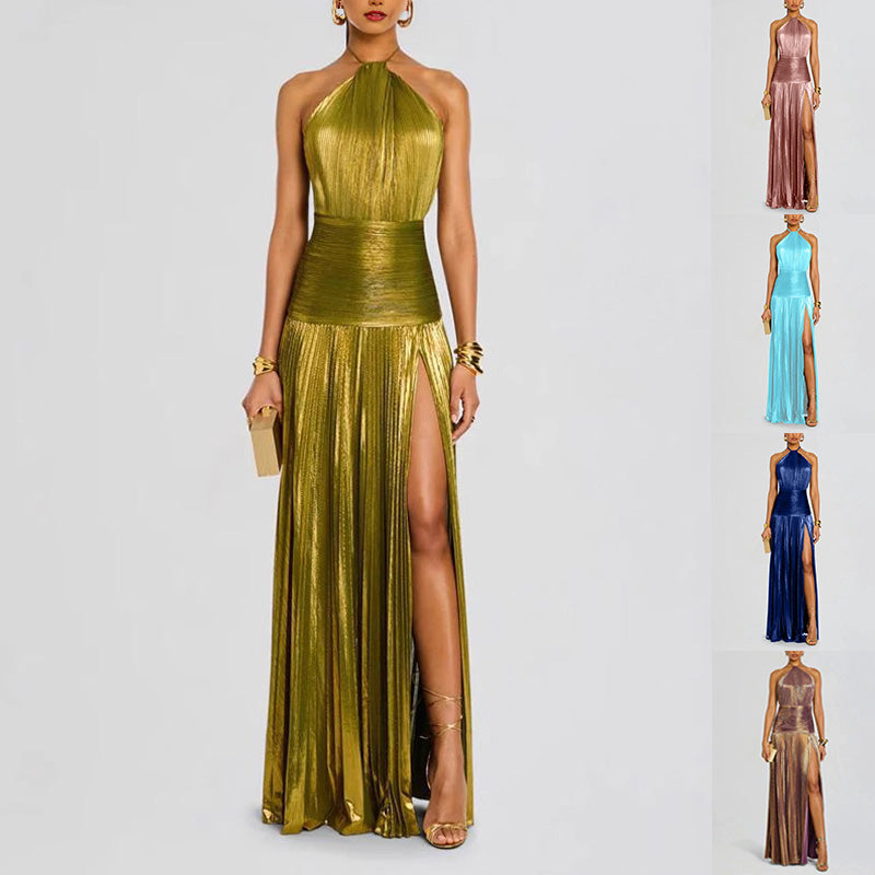 A woman models a metallic halter-neck maxi dress with a high thigh slit in olive gold, with five smaller color variant thumbnails along the right side. The main dress has a structured bodice and a flowing skirt.