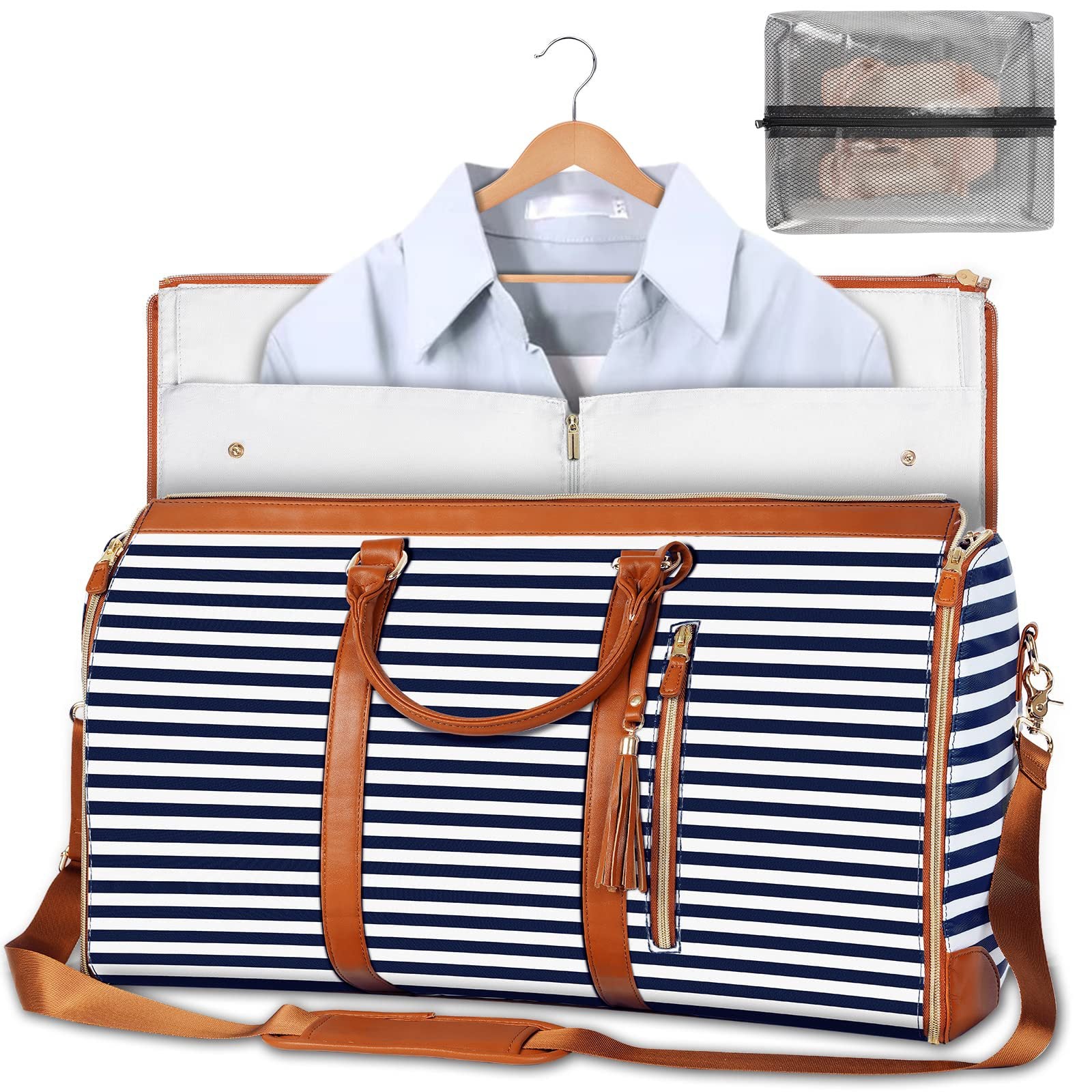 Navy and white striped duffel bag with brown leather accents, a shirt on a hanger, and a clear packing cube.