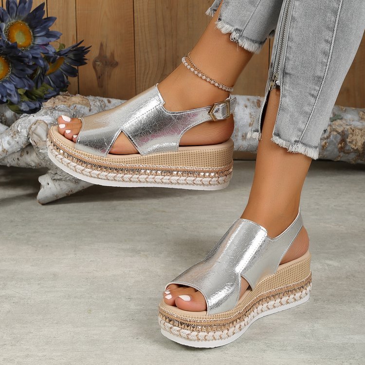 Women’s Shiny Peep Toe Buckle Wedge Summer Sandals