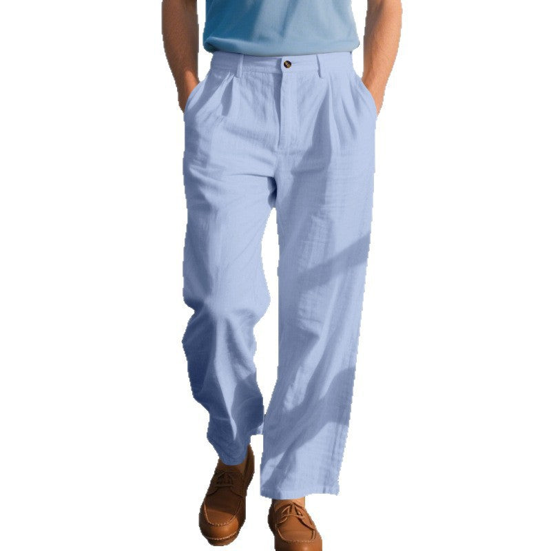 Light blue pants worn by a person on a white background