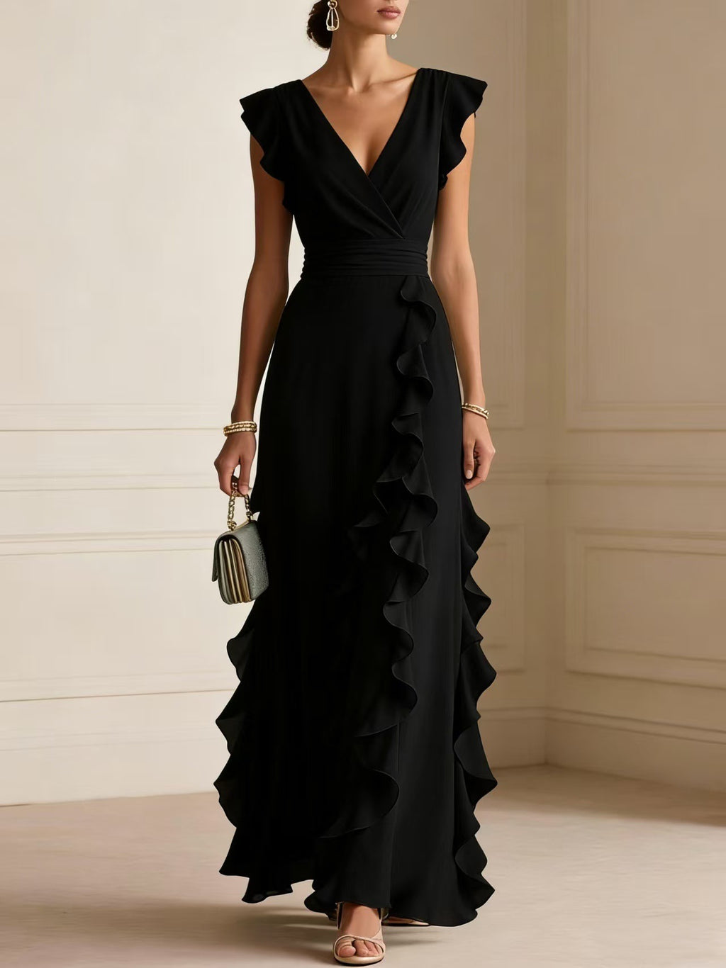 Woman wearing a black ruffled gown against a neutral background
