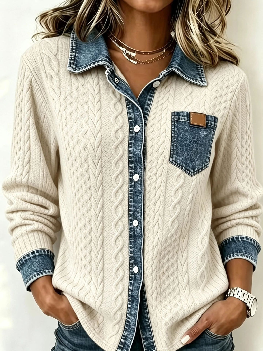 A woman wearing a cream cable-knit button-up shirt jacket with a denim collar, placket, cuffs, and chest pocket, styled with layered necklaces and a watch.