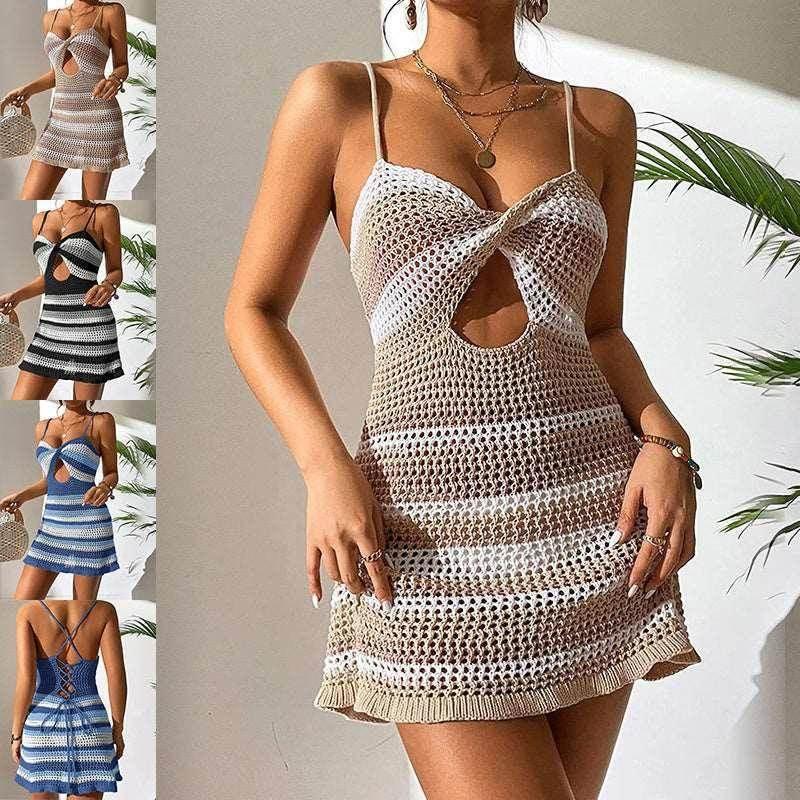 Striped Crochet Spaghetti Strap Mini Dress - ZA-Zola