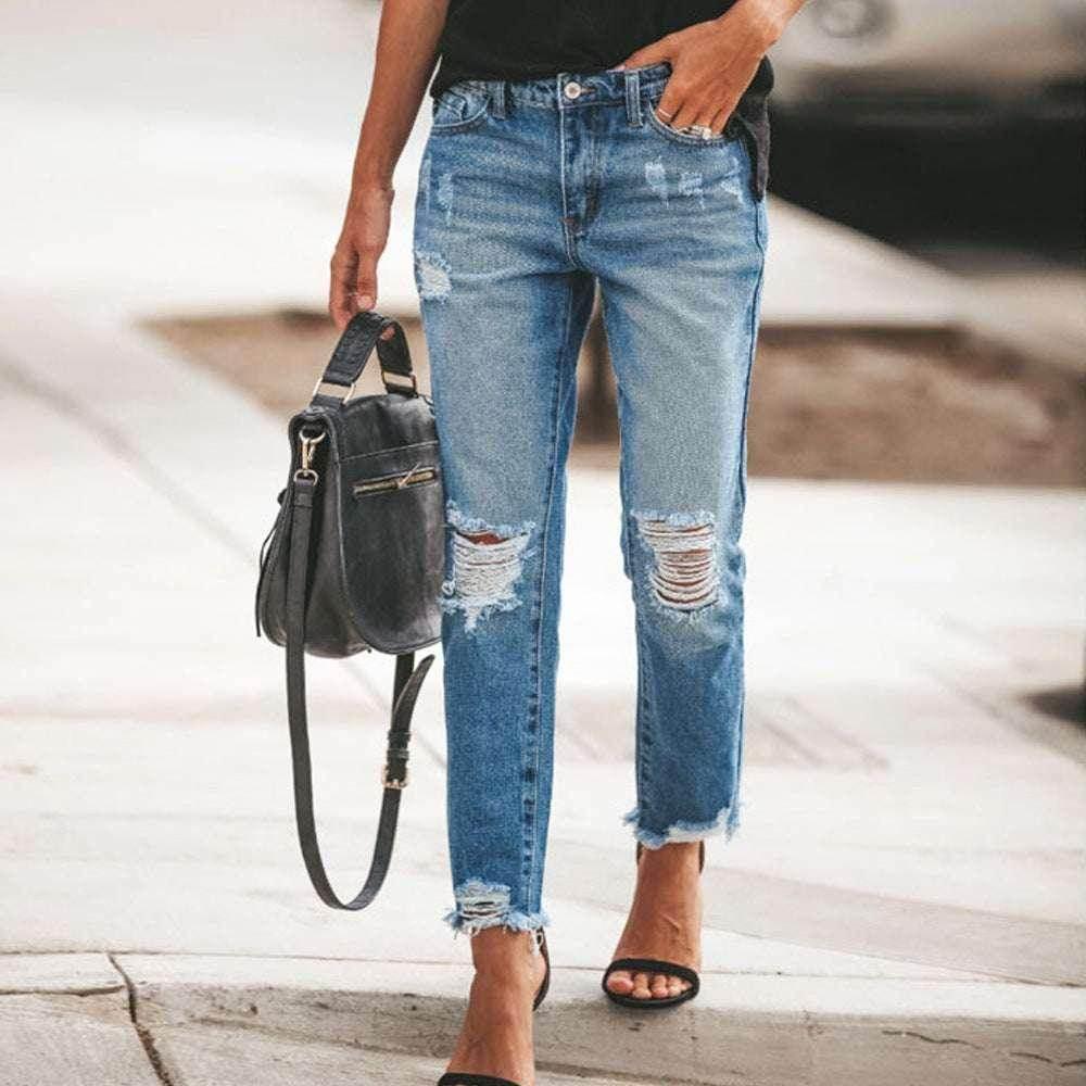 Women's Ripped Retro Straight Jeans - ZA-Zola