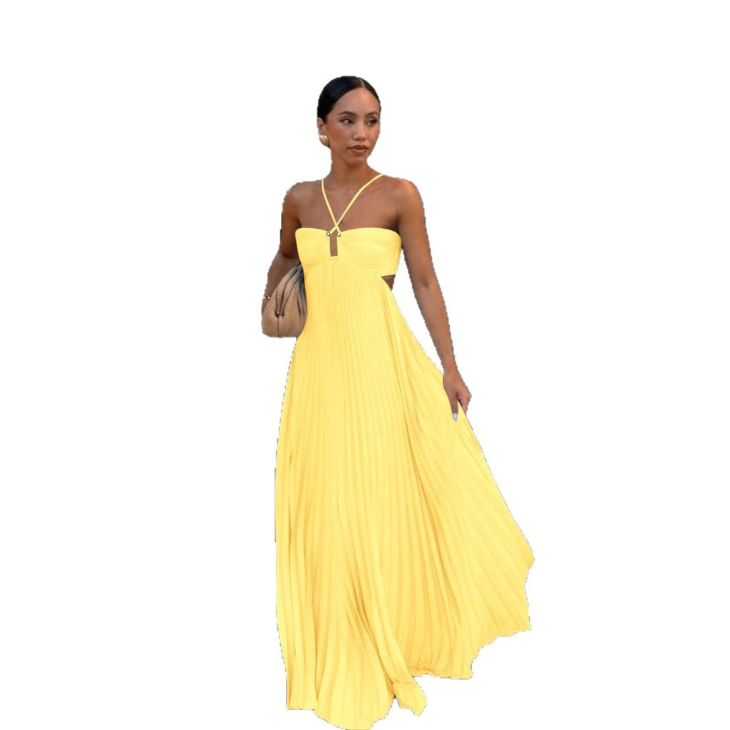 Woman wearing a yellow dress on a white background