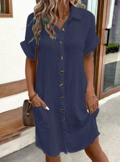 Summer Short Sleeve Shirt Dress Women Solid Color Mid-Length Loose Fit Dress