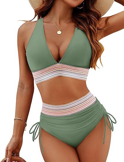 Woman wearing a green bikini with a striped design.