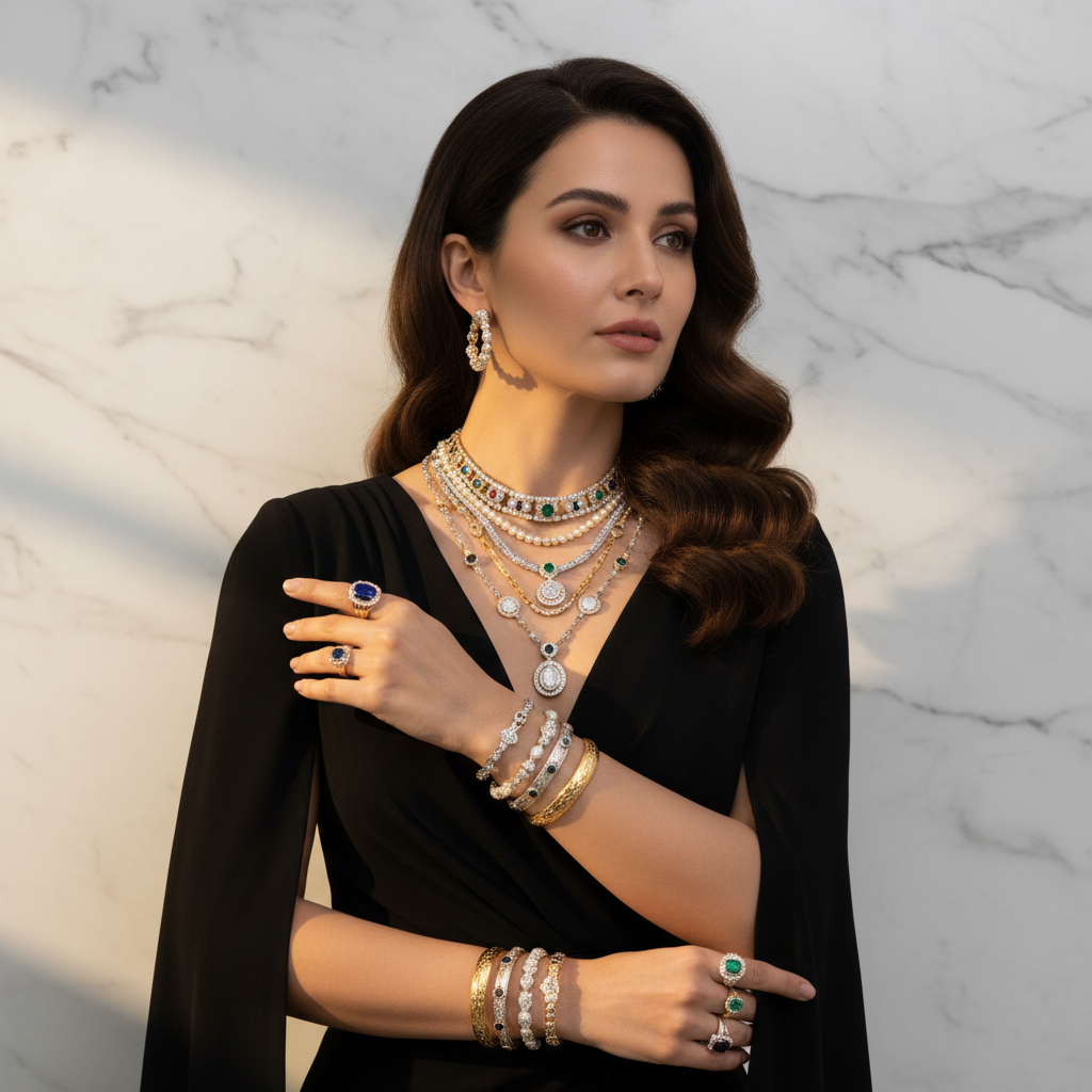 Woman wearing multiple pieces of jewelry against a marble background