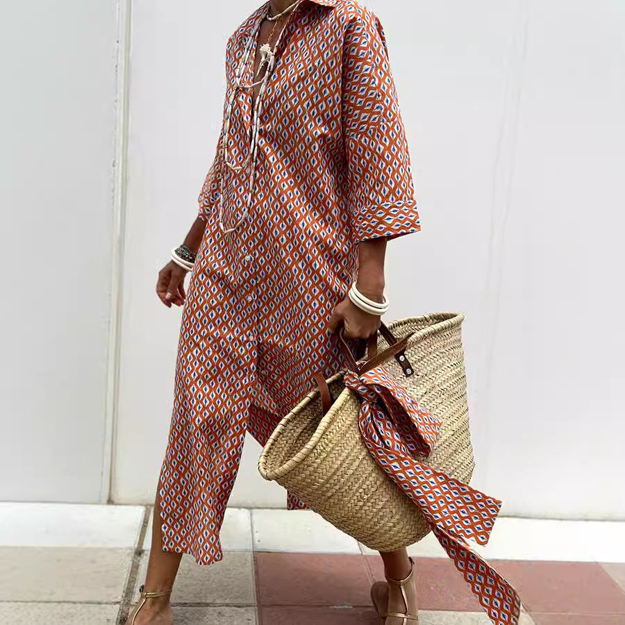 Striped Shirt Dress with Belt Half Sleeve Lapel Button Cardigan Dress Women's Fashion Clothing