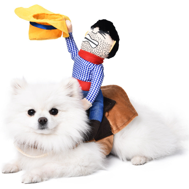Dog playing with a toy resembling a cowboy on a white background