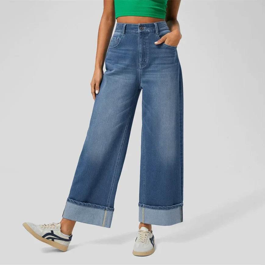 High-Waisted Straight Jeans with Cuffed Hem - ZA-Zola