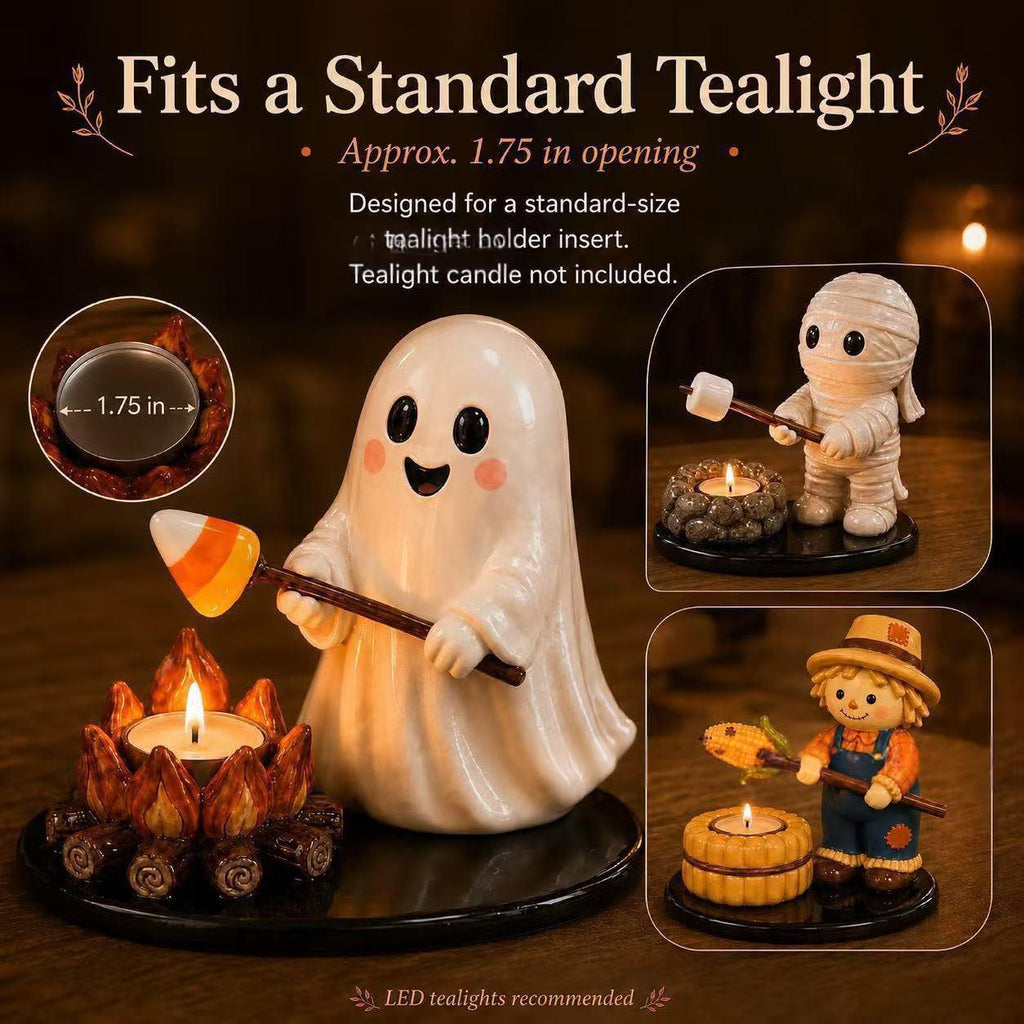 Halloween-themed LED tea light candle holder featuring a cute ghost figurine holding a candy corn, shown with three circular inset images demonstrating different seasonal designs (mummy, scarecrow, and pumpkin). The text at the top states 'Fits a Standard Tealight - Approx.