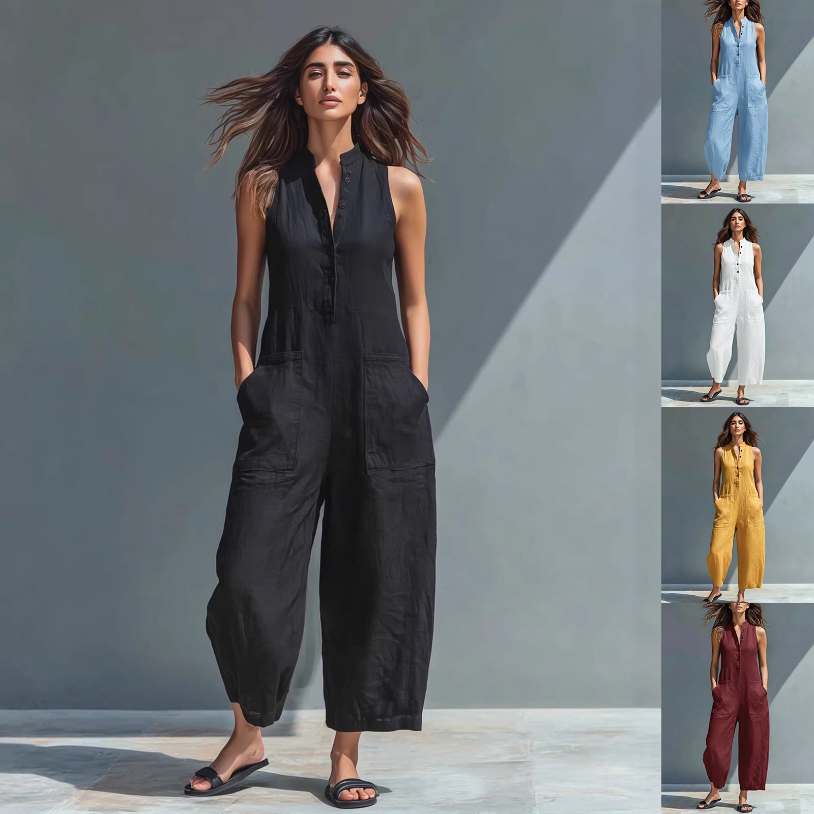 Woman wearing a black sleeveless jumpsuit against a gray background, with additional images of her in different colored jumpsuits.